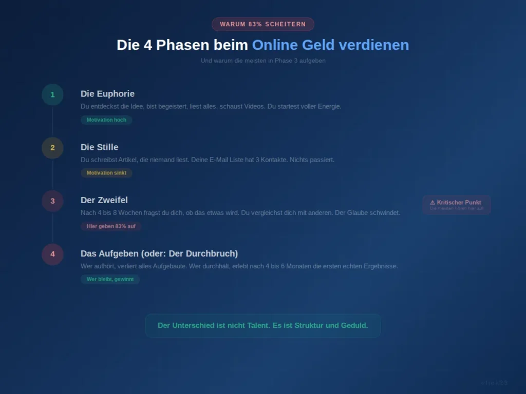 Online Geld verdienen neben dem Job, die 4 Phasen und warum die meisten in Phase 3 aufgeben