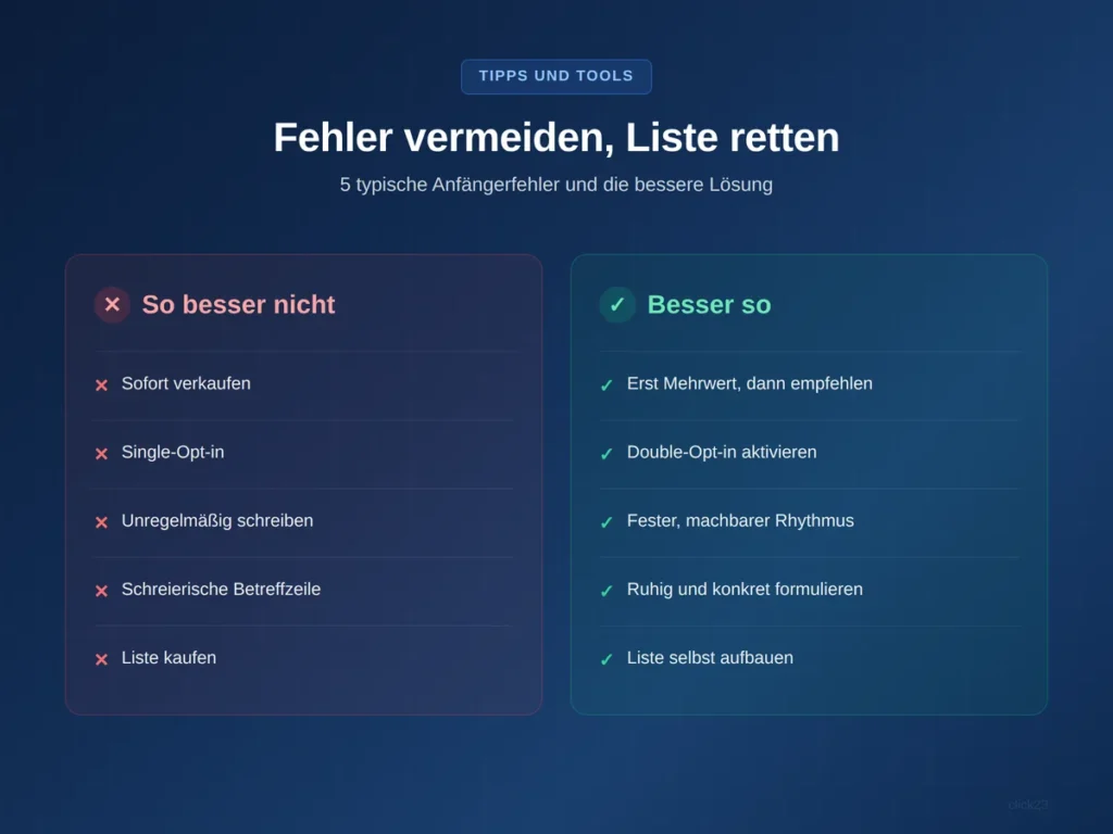 E-Mail Marketing Fehler, Vergleich von typischem Anfängerfehler und besserer Lösung